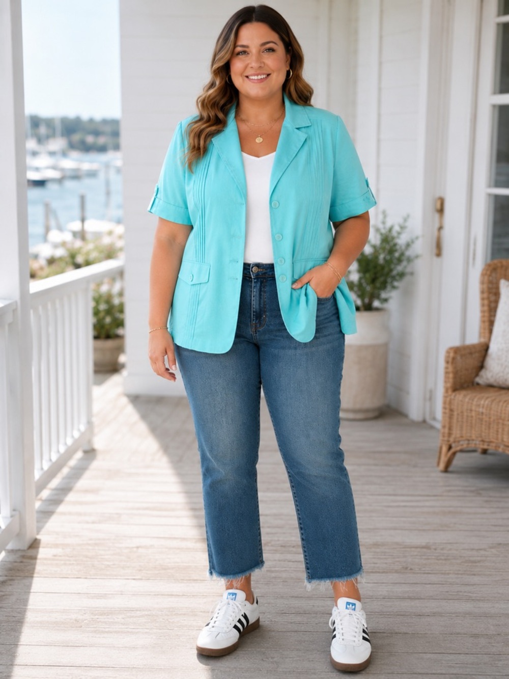 Coldwater Creek Aqua Short Sleeve Blazer Jacket Womens 18W Cotton Stretch